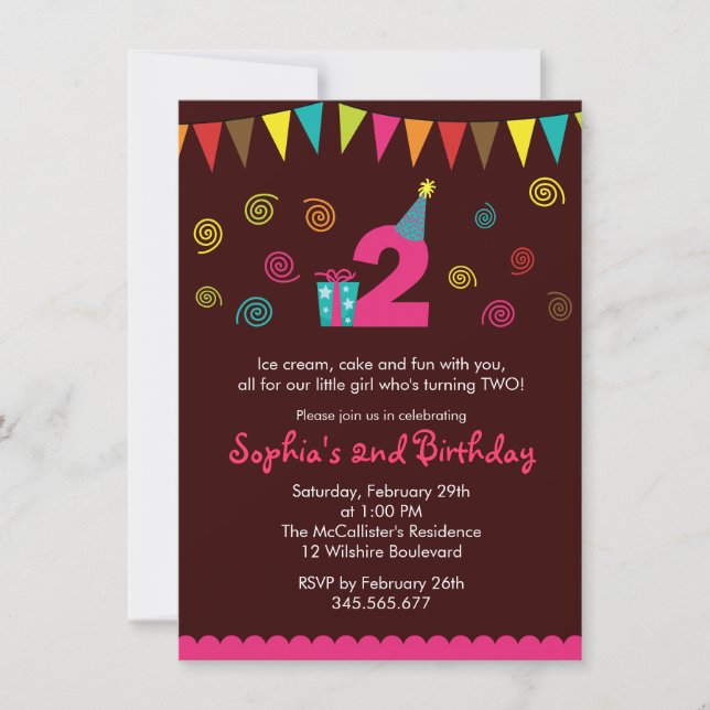 2nd Birthday Girl's Cute Party Invitation (Front)