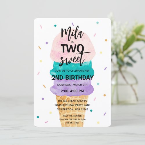 2nd Birthday Girls Ice Cream Party Invitation