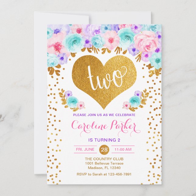 2nd Birthday - Gold Heart Teal Purple Pink Invitation (Front)