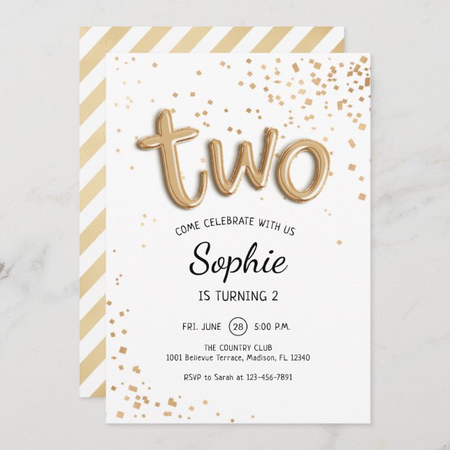 2nd Birthday - Gold White Invitation (Front/Back)