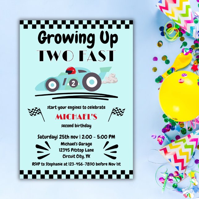 2nd Birthday Growing Up Two Fast Blue Race Car Invitation (Creator Uploaded)