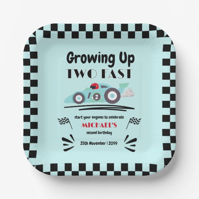 2nd Birthday Growing Up Two Fast Blue Race Car Paper Plates (Front)