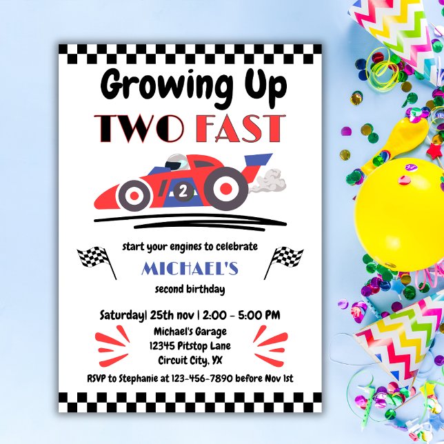 2nd Birthday Growing Up Two Fast Red Blue Race Car Invitation (Creator Uploaded)