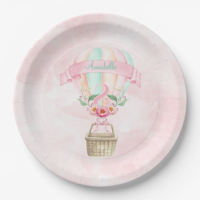 2nd Birthday Hot Air Balloon Mint Pink Peach Paper Plates (Front)