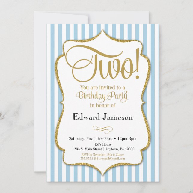 2nd Birthday Invitation Boys Two Years Blue Gold (Front)