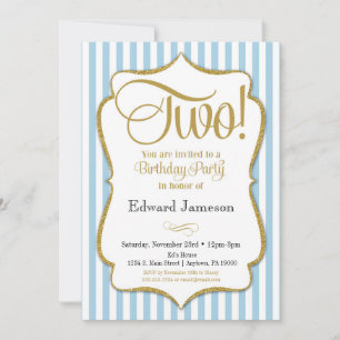 2nd Birthday Invitation Boys Two Years Blue Gold