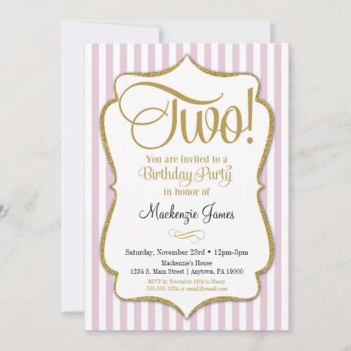 2nd Birthday Invitation Girls Two Years Pink Gold