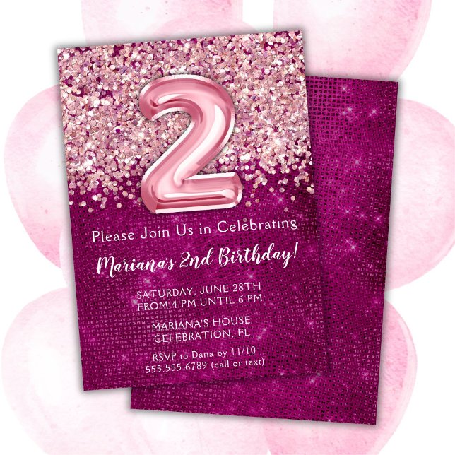 2nd Birthday Invitation Girly Magenta Pink Glitter (Creator Uploaded)