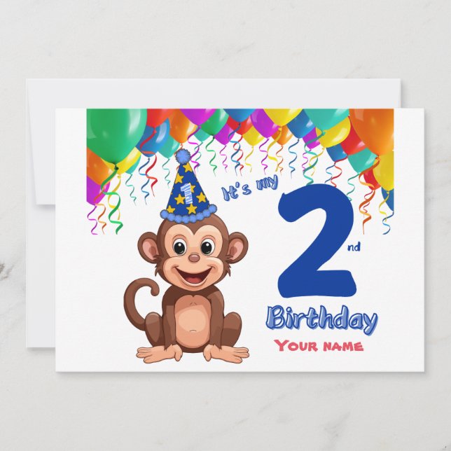 2nd Birthday Invitation, Monkey Party Personalize Invitation (Front)