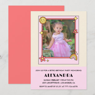 2nd birthday invitation Retro Groovy Pink Floral