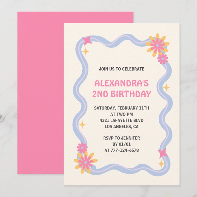 2nd birthday invitation Retro Groovy Pink Flowers (Front/Back)