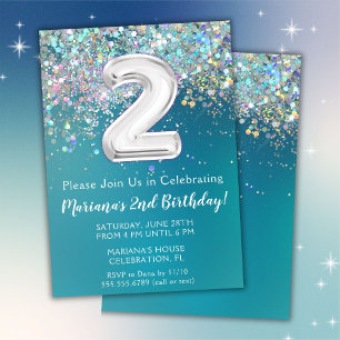 2nd Birthday Invitation Teal Silver Glitter