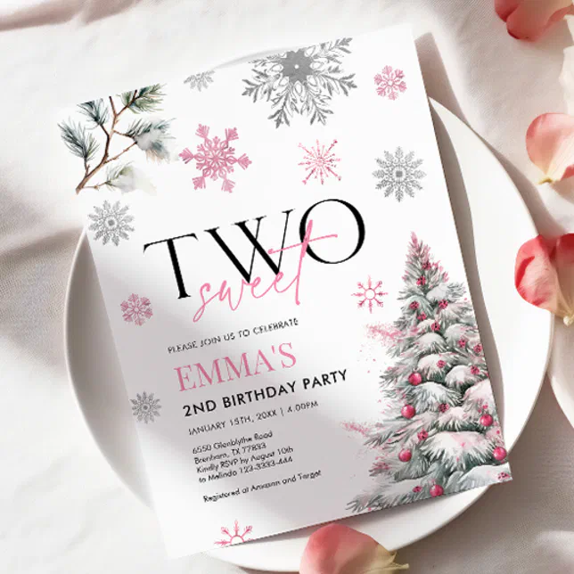 Two Birthday Invite 2nd Birthday Invitation, Winter Pink Two Birthday Invitation | Zazzle