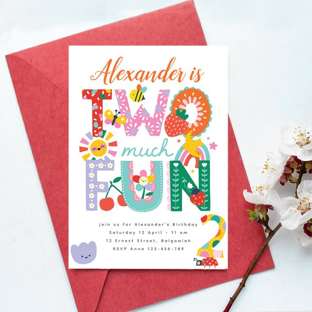 2nd Birthday Invite, Colorful Spring, Two Much Fun Invitation (Creator Uploaded)