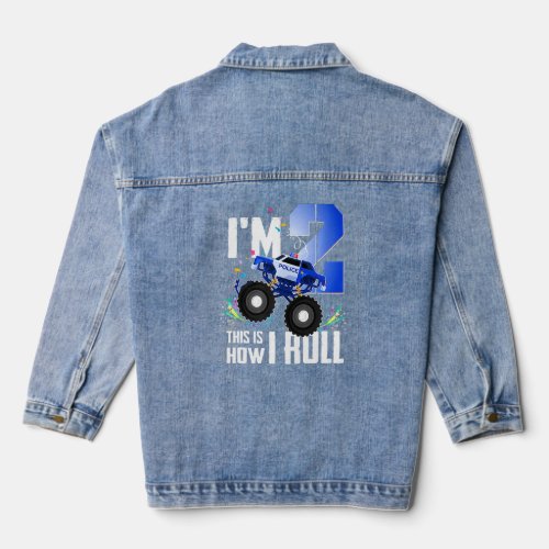 2nd Birthday Kids Im 2 Police Monster Truck Car  Denim Jacket