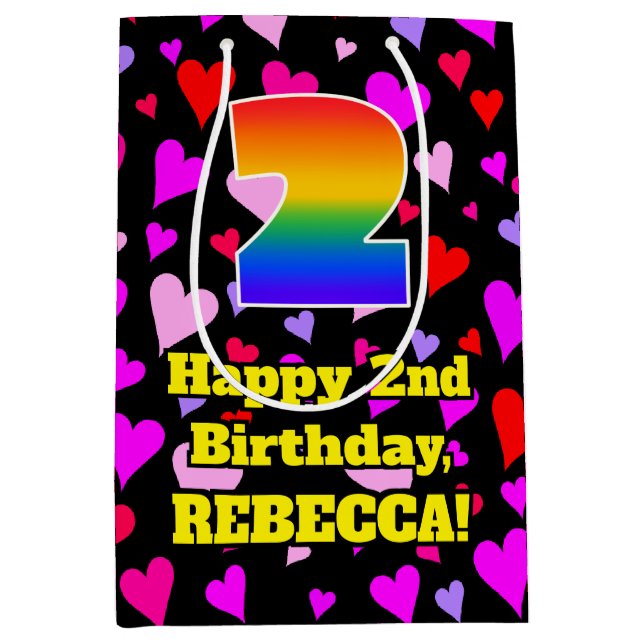 2nd Birthday: Loving Hearts Pattern, Rainbow # 2 Medium Gift Bag (Front)