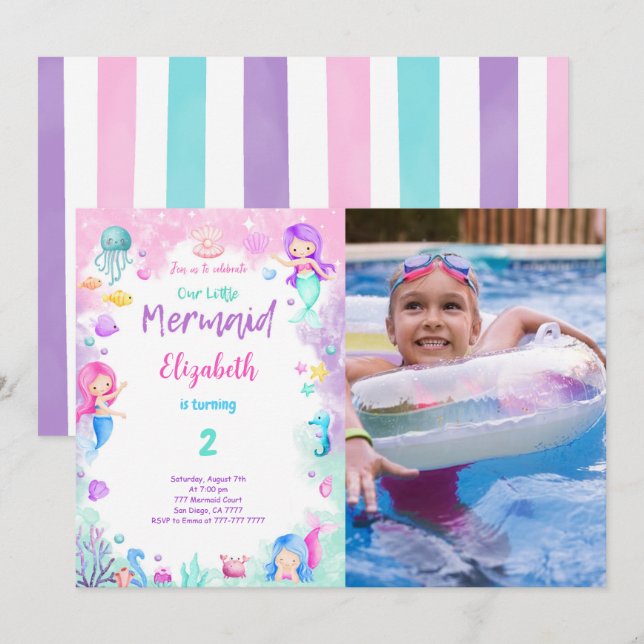 2nd Birthday Mermaid Photo Invitation (Front/Back)