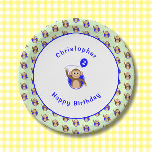 2nd birthday monkey blue green pattern paper plates