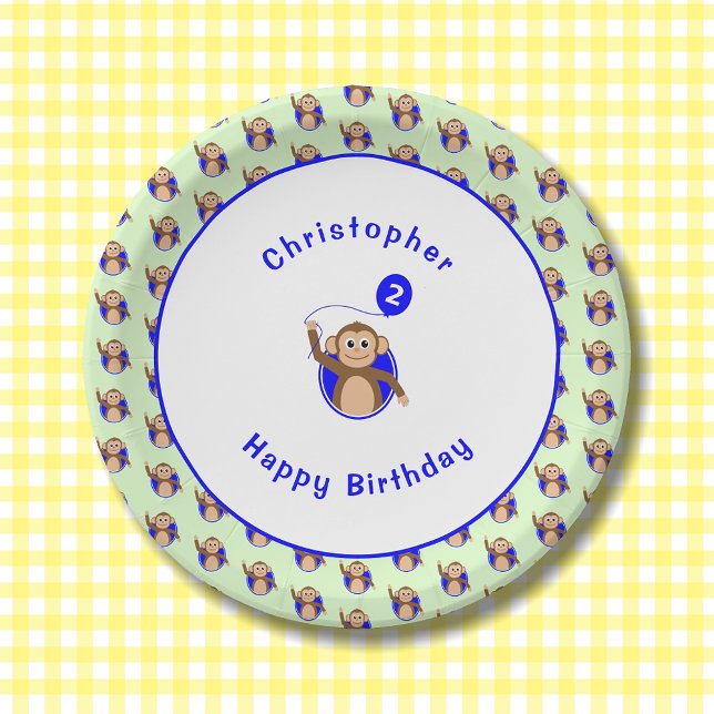 2nd birthday monkey blue green pattern paper plates (Creator Uploaded)