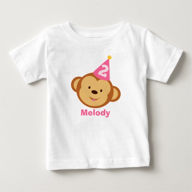 2nd Birthday Monkey Girl with Personalized Name Baby T-Shirt (Front)