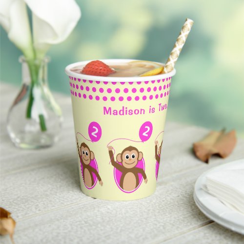 2nd birthday monkey pink balloon paper cups