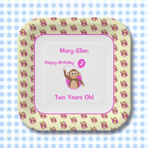 2nd birthday monkey pink balloon paper plates