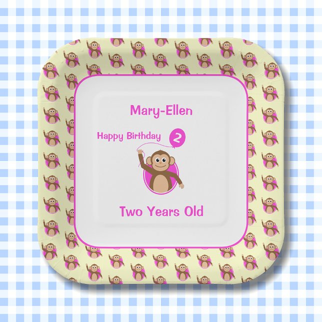 2nd birthday monkey pink balloon paper plates (Creator Uploaded)