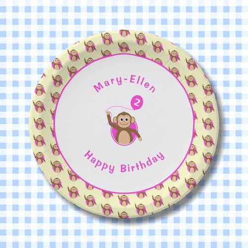 2nd birthday monkey pink cream pattern paper plates