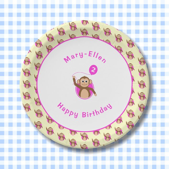 2nd birthday monkey pink cream pattern paper plates (Creator Uploaded)