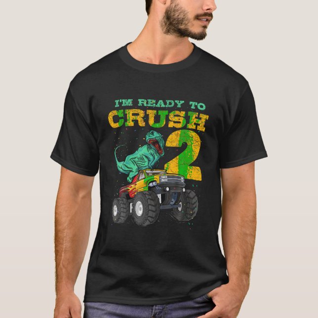 2nd Birthday Monster Truck Dino 2 Years Old Bday T T-Shirt (Front)