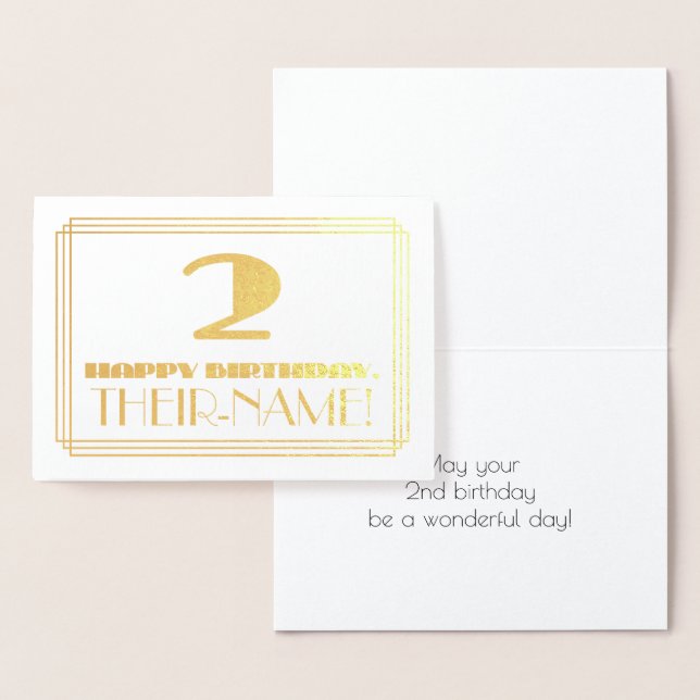 2nd Birthday; Name + Art Deco Inspired Look "2" Foil Card (Display)