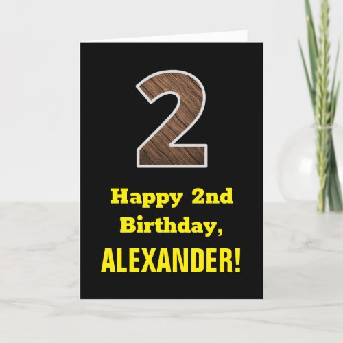 2nd Birthday Name Faux Wood Grain Pattern 2 Card