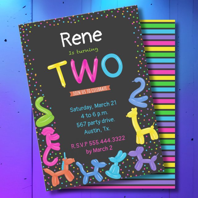 2nd Birthday Neon animal balloons Invitation (Creator Uploaded)