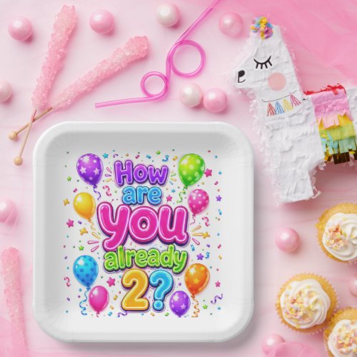 2nd Birthday Neon Party Balloons and Confetti Paper Plates