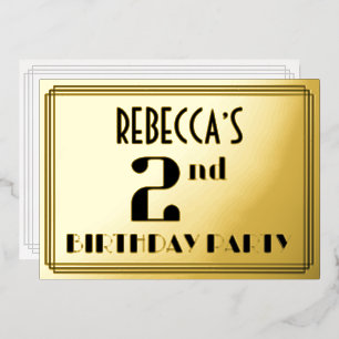 2nd Birthday Party: Art Deco Look “2” and Name Foil Invitation