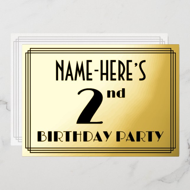 2nd Birthday Party — Art Deco Look “2” + Name Foil Invitation (Front/Back)