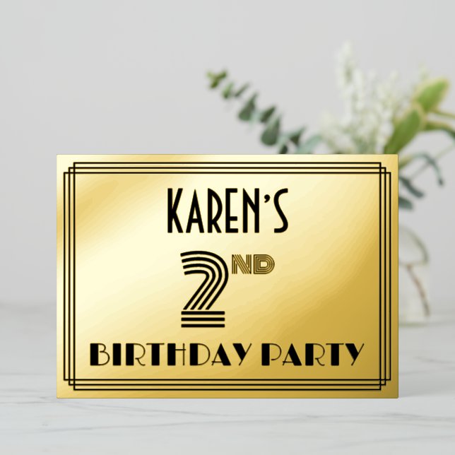 2nd Birthday Party — Art Deco Style “2” & Name Foil Invitation (Standing Front)