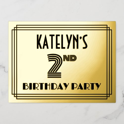 2nd Birthday Party  Art Deco Style 2  Name Foil Invitation Postcard