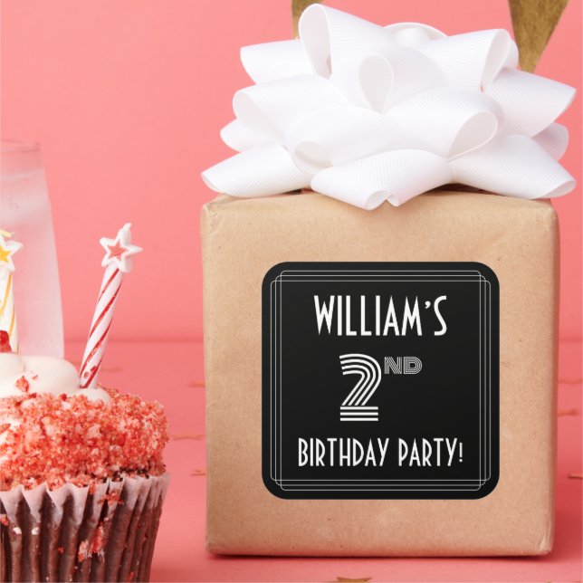 2nd Birthday Party: Art Deco Style & Custom Name Square Sticker (Party)