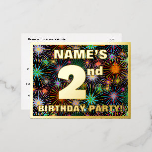 2nd Birthday Party: Bold, Colorful Fireworks Look Foil Invitation Postcard