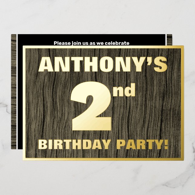 2nd Birthday Party: Bold, Faux Wood Grain Pattern Foil Invitation (Front/Back)