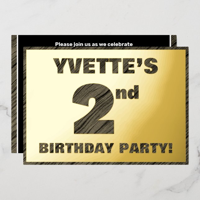 2nd Birthday Party — Bold, Faux Wood Grain Text Foil Invitation (Front/Back)