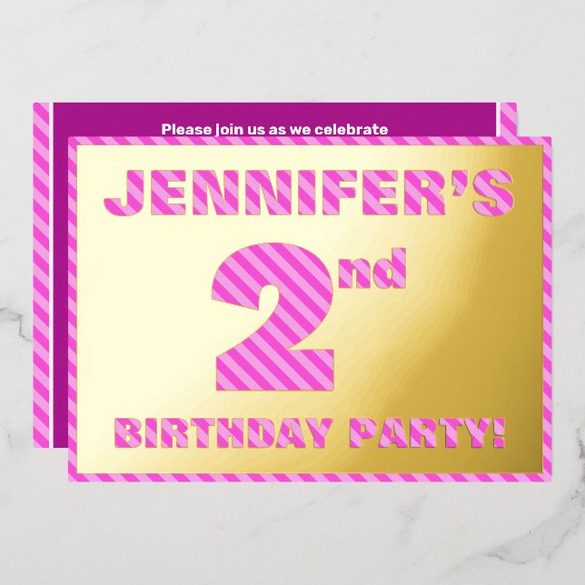 2nd Birthday Party — Bold, Fun, Pink Stripes # 2 Foil Invitation (Front/Back)