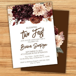 2nd Birthday Party Brown Beige Flowers Floral Invitation