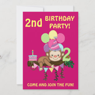 2nd Birthday Party-Cute Monkey+Colorful Balloons Invitation