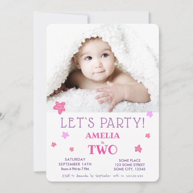2nd Birthday Party Cute Pink Stars Invitation (Front)