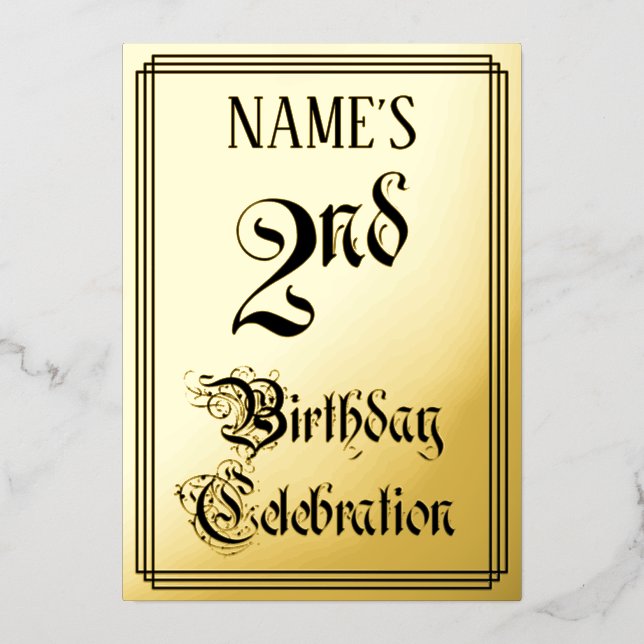 2nd Birthday Party — Elegant Script + Custom Name Foil Invitation (Front)