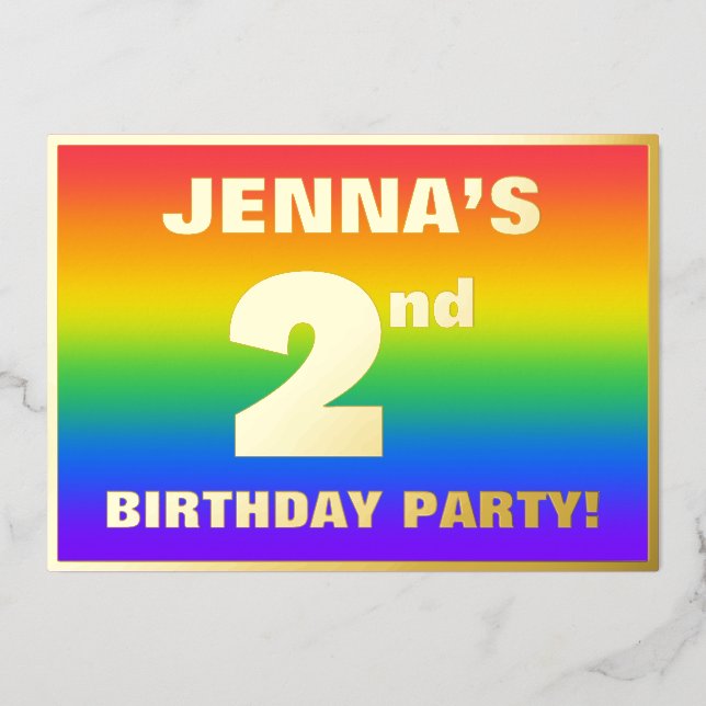 2nd Birthday Party: Fun, Colorful Rainbow Pattern Foil Invitation (Front)