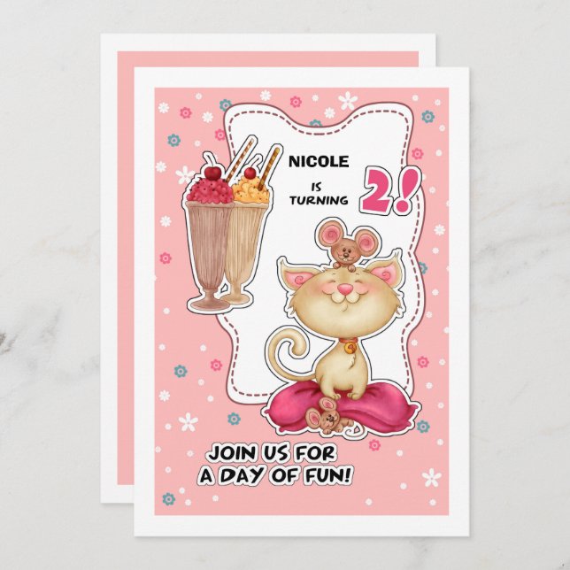 2nd Birthday Party | Fun Kitty & Mice Custom Invitation (Front/Back)