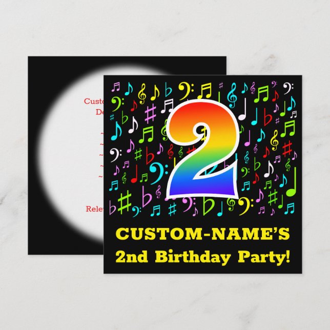 2nd Birthday Party: Fun Music Symbols, Rainbow 2 Invitation (Front/Back)